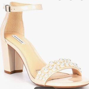 Alex Marie Pearl-Embellished Nude Block Heel Sandal